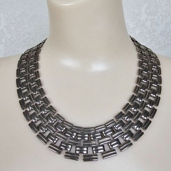 Vintage Jewelry - Vtg Basket Weave Panther Link Wide Silver Tone Chunky Statement Chain Necklace